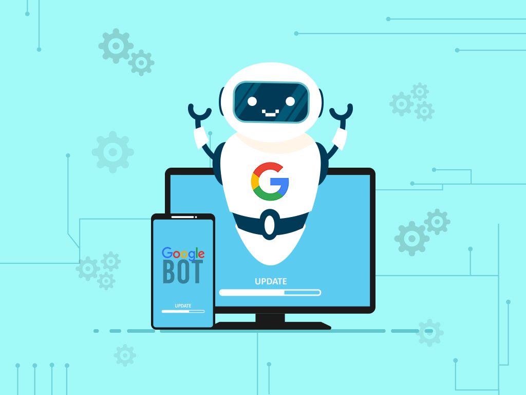 "Illustration of Googlebot updating search algorithms on desktop and mobile devices. Represents Google's March 2025 core update and the evolving role of AI in SEO."