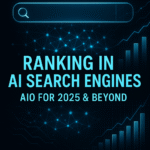 Futuristic digital design showing a glowing search bar, neural network background, and upward-trending graphs with the text “Ranking in AI Search Engines – AIO for 2025 & Beyond.