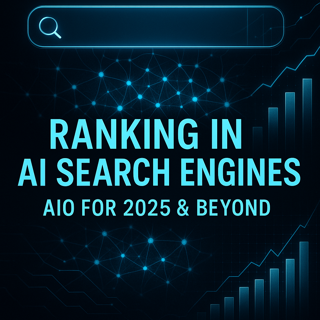 Futuristic digital design showing a glowing search bar, neural network background, and upward-trending graphs with the text “Ranking in AI Search Engines – AIO for 2025 & Beyond.