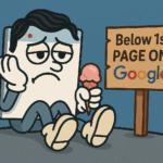 Cartoon of a sad, anthropomorphic website holding an ice cream next to a sign that says "Below 1st PAGE ON Google