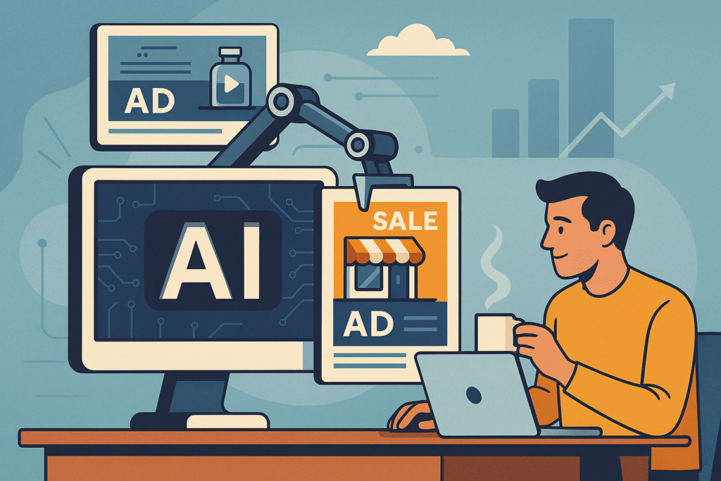 Illustration of an AI-powered system generating digital ads for a small business owner at a laptop, with robotic arm displaying creative ad elements.