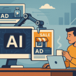 Illustration of an AI-powered system generating digital ads for a small business owner at a laptop, with robotic arm displaying creative ad elements.